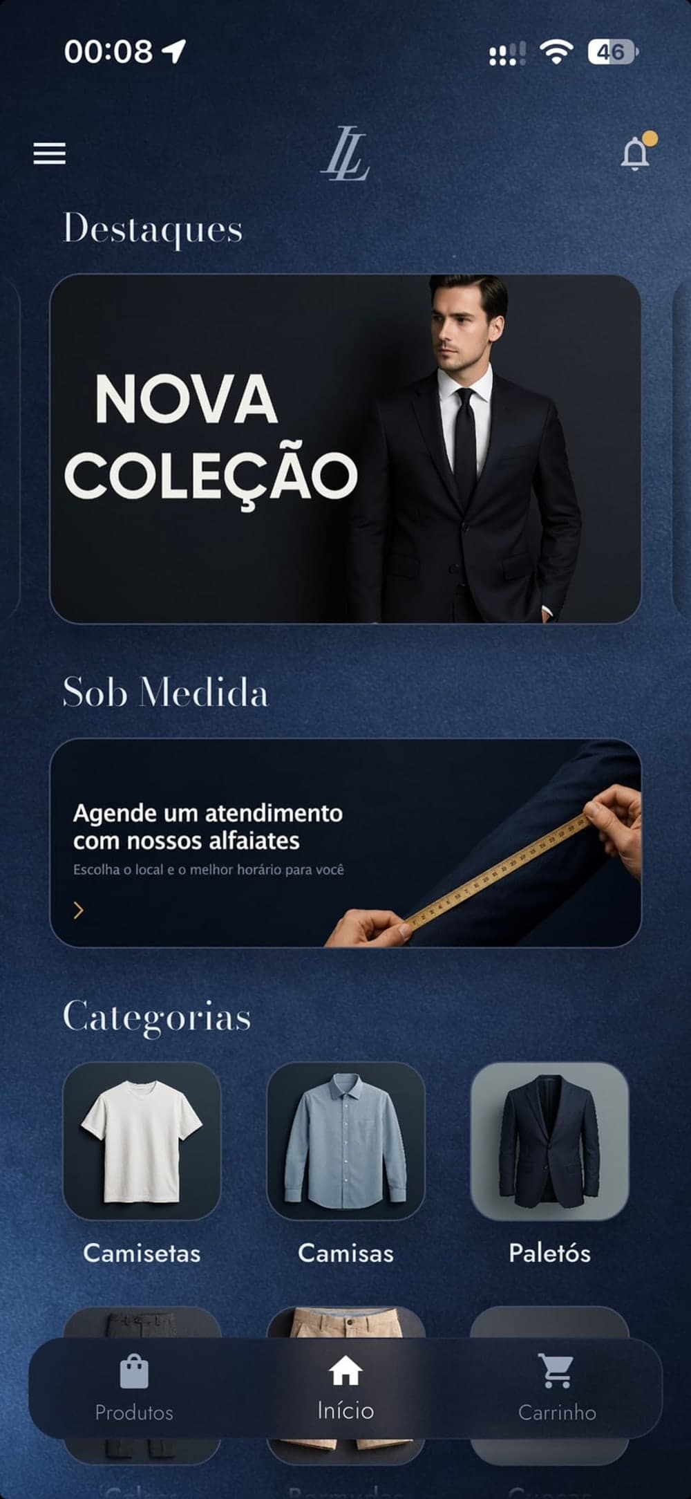 Tela inicial com a campanha da coleção, o convite para agendar atendimento e a grade de categorias